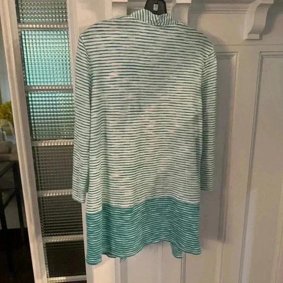 Chicos 1 Medium Green & White Stripe Open Front Cardigan Lightweight Cotton - Picture 2 of 7